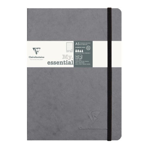 A5 grey notebook with dotted pages, elastic closure, ribbon bookmark, and 2 storage pockets for stylish organization.