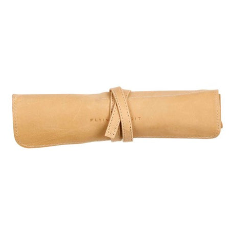 Beige leather pencil case roll for artists, features ribbon tie closure and spacious design for tools and brushes.