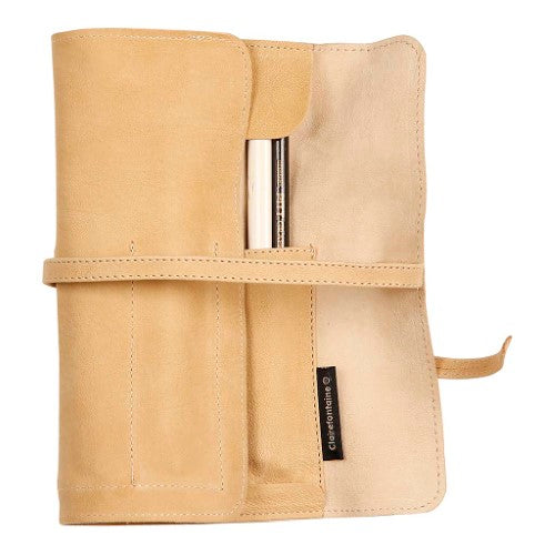 Beige leather pencil case roll, 26.7cm x 20.5cm, with ribbon tie closure for secure storage of art tools.
