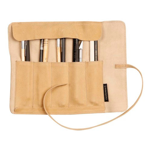 Beige leather pencil case roll, spacious for art tools, with ribbon tie closure, part of the Flying Spirit collection.