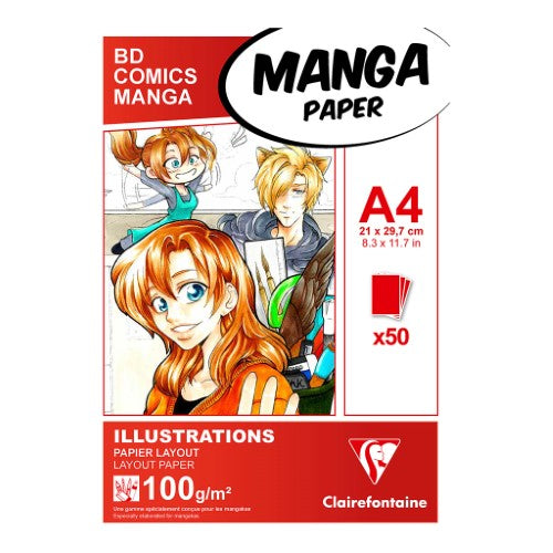 Clairefontaine Manga Pad A4 with 50 sheets, 100g smooth paper ideal for manga, illustrations, and vibrant ink techniques.