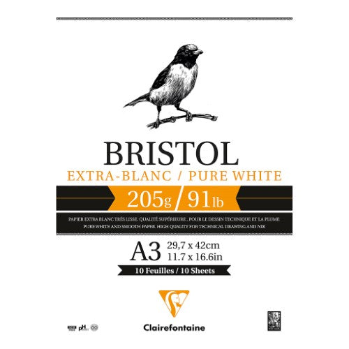 Clairefontaine A3 Bristol Pad with 20 sheets of 205g extra-white, acid-free paper for smooth technical drawing and illustration.