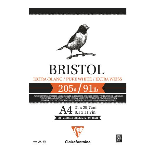Clairefontaine Bristol Pad A4 with 205g acid-free paper, 20 extra-smooth sheets for technical drawing and illustration.
