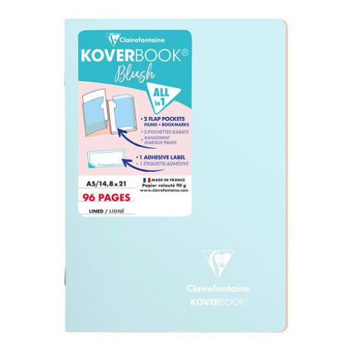 Koverbook Blush A5 Notebook in Ice Blue with durable cover, 96 lined pages, and bookmark flaps for easy navigation.