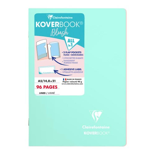 Koverbook Blush A5 notebook in mint with blush accents, featuring a durable cover, lined pages, and innovative bookmark flaps.