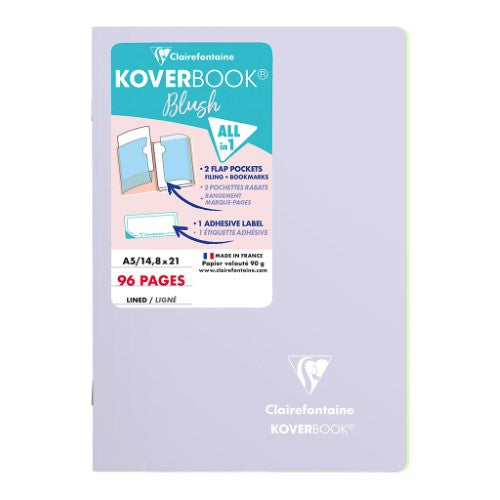 Koverbook Blush A5 notebook in lilac with stylish cover, 96 lined pages, two bookmark flaps, and integrated pocket.