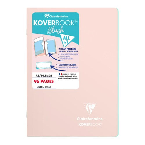 Koverbook Blush A5 notebook in powder pink, featuring lined pages, bookmark flaps, and a protective cover for stylish organization.