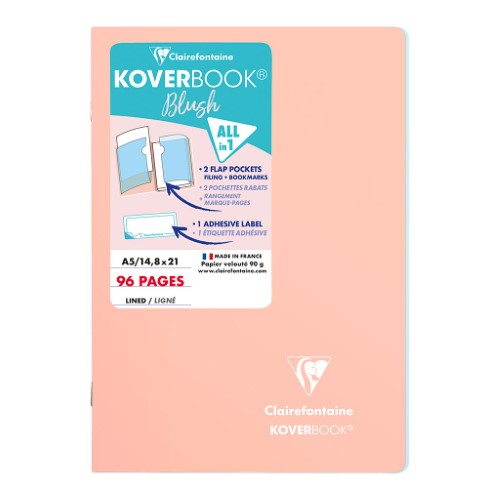 Koverbook Blush A5 notebook with coral cover, bookmark flaps, 96 lined pages, and pocket for documents.