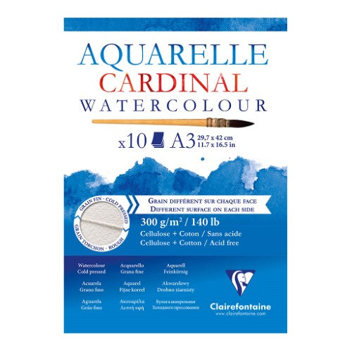 A3 Cardinal Cold Press Pad with 10 sheets of 300gsm textured watercolor paper for vibrant art creation.