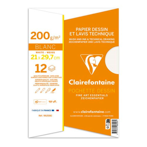 Lavis Dessin A4 technical drawing paper pack of 12, 200gsm, smooth surface for precise artistic work.