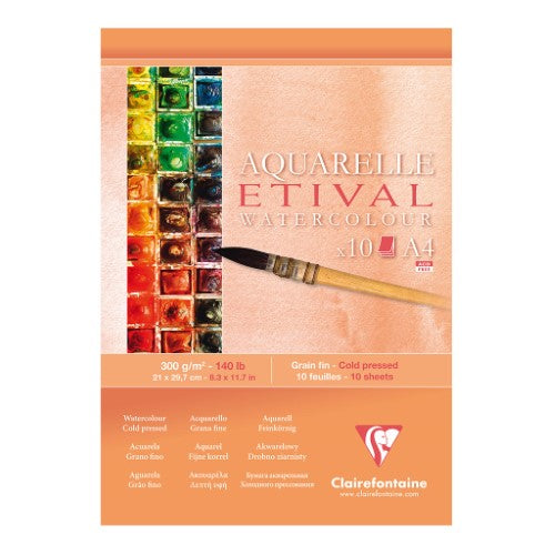 Etival Cold Press Pad A4 300g with 10 sheets, ideal for watercolors and mixed media, featuring durable cold-pressed grain.