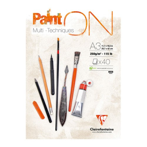 A3-sized PaintON Pad with 40 sheets, featuring 250gsm extra-white, mixed media paper for versatile artistic techniques.