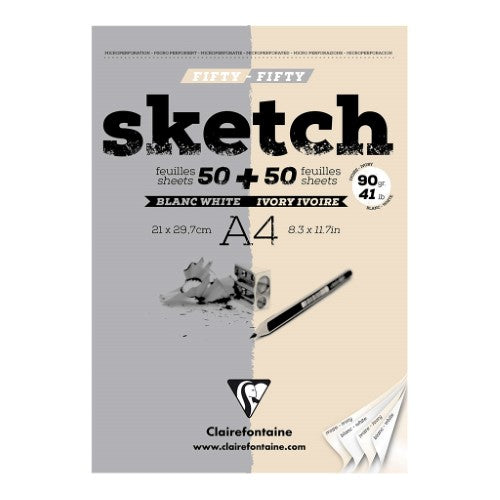 Clairefontaine A4 sketch pad featuring 90g alternating white and ivory pages for versatile artistic creations.