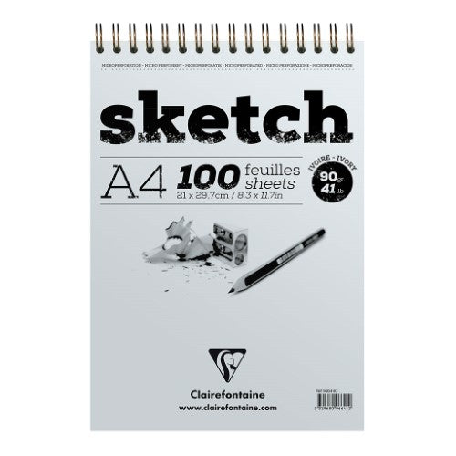 Clairefontaine A4 spiral sketch pad in ivory with 100 sheets of 90gsm paper, ideal for various artistic media.