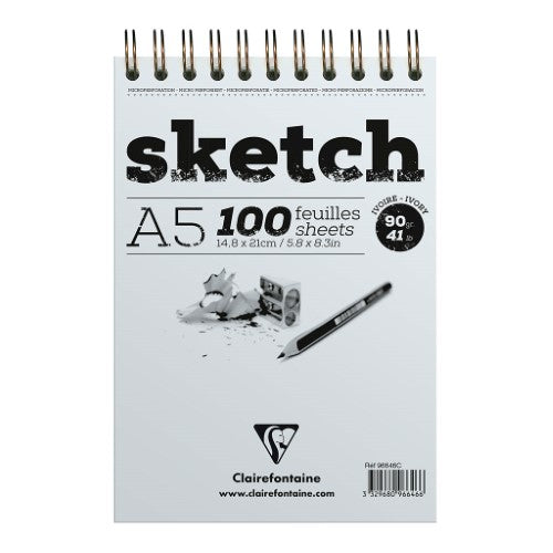 Clairefontaine A5 Sketch Pad with 100 sheets of 90gsm ivory paper, perfect for various drawing media and easy page turning.