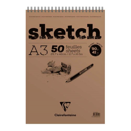 A3 spiral sketch pad with 100 sheets of 90gsm white paper, ideal for various artistic mediums and easy page turning.