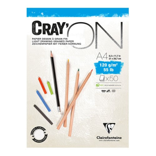 CrayON A4 Pad with 50 sheets of 120gsm cellulose paper, featuring dual surfaces for drawing and mixed media use.