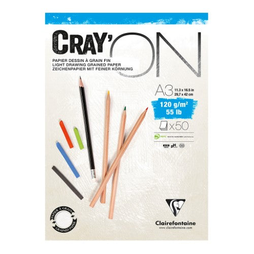 CrayON Pad A3 with 120g acid-free cellulose paper, featuring two surfaces for mixed media and dry techniques, 50 sheets.