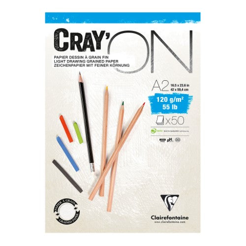 CrayON Pad A2 with 120g cellulose paper, 50 sheets, features light grain and smooth surfaces for versatile wet and dry media.