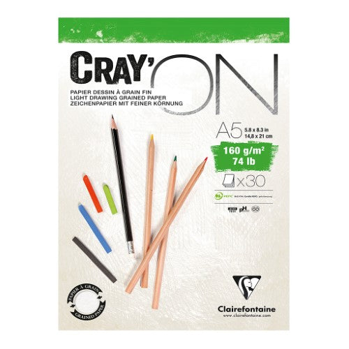 CrayON Pad A5 with 30 sheets of versatile 160g cellulose paper, featuring fine grain and smooth surfaces for all media.
