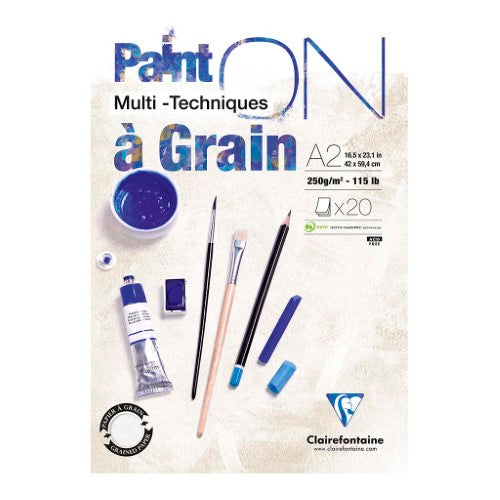 A2 PaintON Pad featuring 250gsm grain white paper, perfect for mixed media with textured and smooth surfaces.
