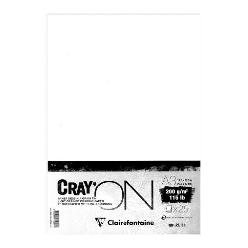 Pack of 25 CrayON A3 200g paper sheets, featuring extra-white cellulose, two unique surfaces for versatile artistic techniques.