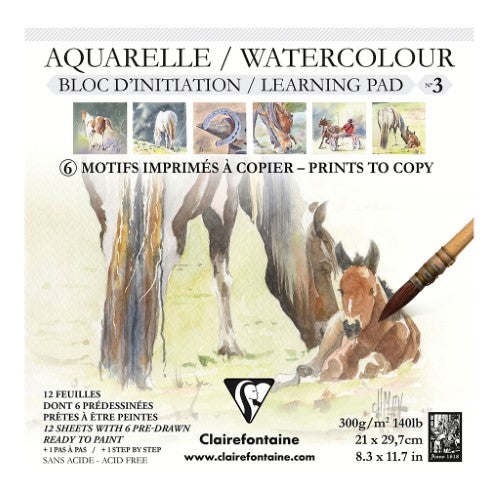 Etival Pad Horses 21x21cm, 300g, 12 sheets featuring horse designs, ideal for watercolor painting and learning.