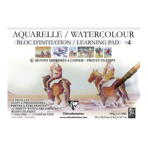 A4 watercolor pad with 12 sheets, featuring outlined horse designs and tutorials for beginners. 300gsm quality paper.
