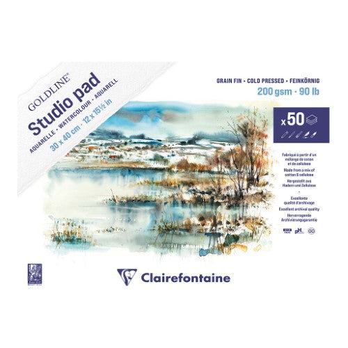 Goldline Studio Watercolour Pad 30x40cm with 50 acid-free sheets; ideal for various media with a textured, absorbent surface.