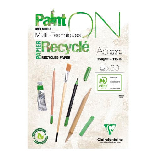 A5 PaintON recycled paper pad with 30 extra white sheets for versatile dry and wet techniques, 250gsm. Eco-friendly craft essential.