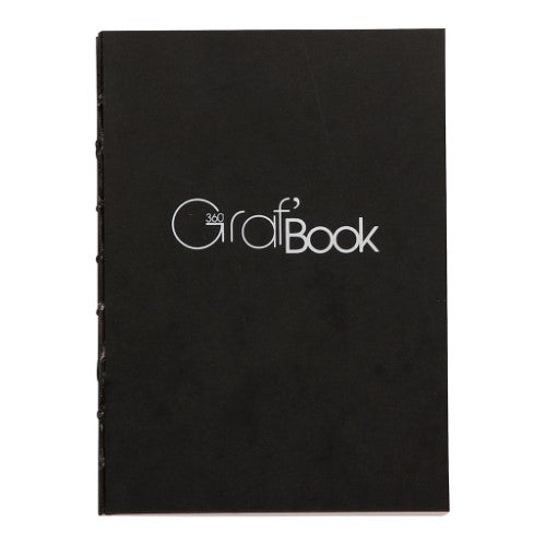 GrafBOOK 360 A6 Notebook in black, featuring 100gsm blank paper and a unique stitch-bound design for flexible use.