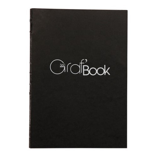 GrafBOOK 360 A5 Black Notebook with 100gsm paper, stitch-bound design, and 360-degree lay-flat opening for creativity.