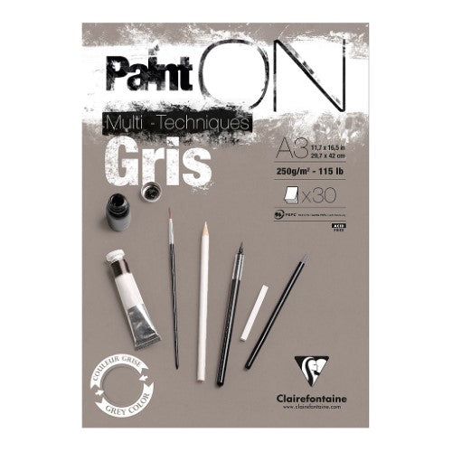 A3 PaintON Pad with grey 250gsm paper, perfect for pencil, ink, and mixed media, featuring 30 glued sheets.