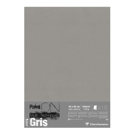 Pack of 15 PaintON Paper Grey sheets, 50x65cm, featuring a fine rough grain for vibrant artistic techniques.