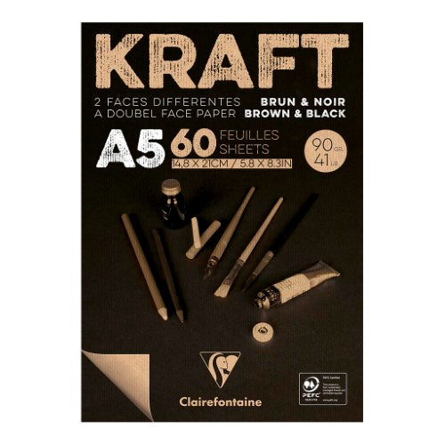 A5 Clairefontaine Kraft Pad with 60 sheets, brown and black paper, ideal for drawing, journaling, and crafting.