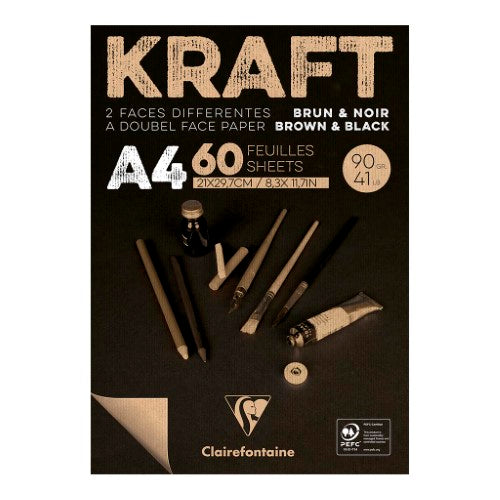 Clairefontaine A4 Kraft Pad with 60 sheets, dual-color brown and black, acid-free paper for artists and designers.