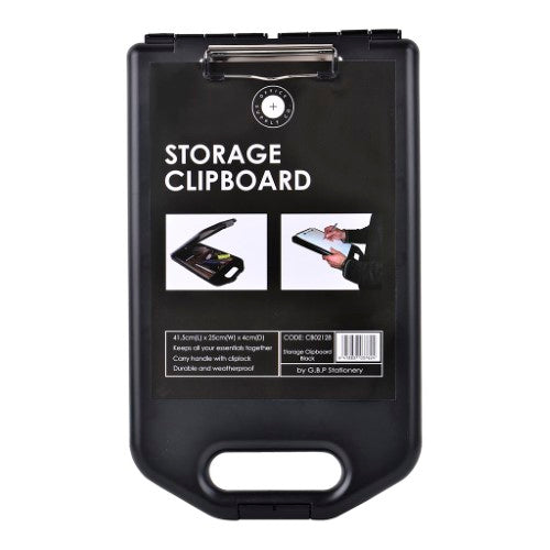 A4 black storage clipboard with weatherproof design, heavy-duty clip, ergonomic handle, and pen compartment for organization.