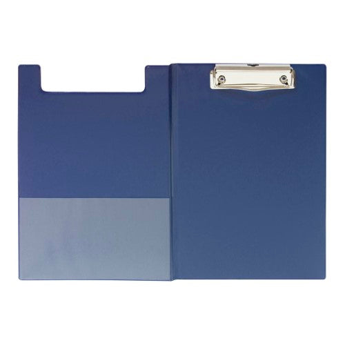 Navy A5 clipboard with durable PVC, double-sided storage pocket, and strong clip for organizing documents efficiently.