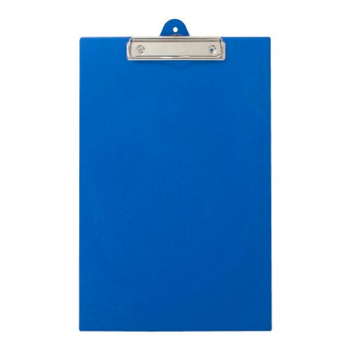 Durable blue PVC clipboard with strong clip for foolscap documents and pull-out hanging hook for storage.
