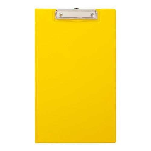 Durable yellow PVC clipboard with double-sided design and strong clip, ideal for organizing documents on the go.