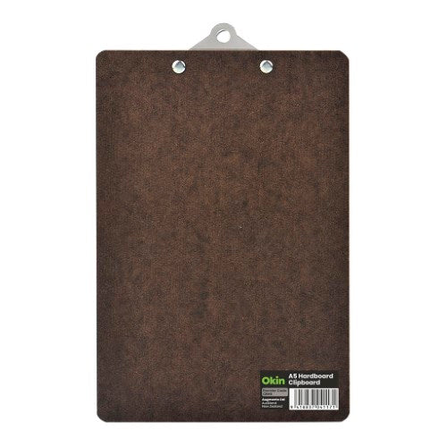A5 dark brown hardboard clipboard with strong metal clip and wall-hanging hole for secure document storage.