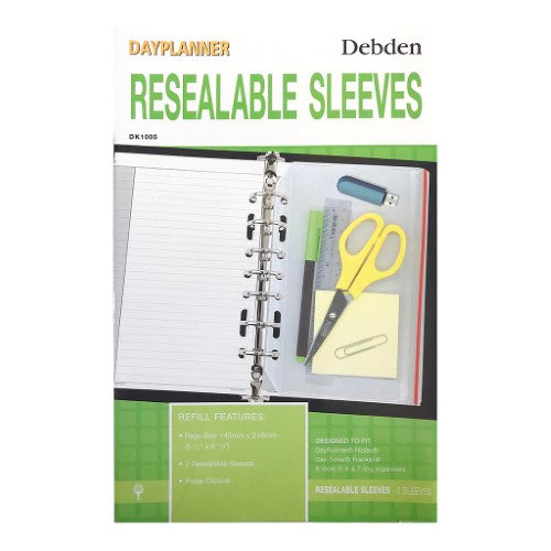 Clear resealable sleeves for Debden Desk Dayplanner, pack of 2, protect and organize documents efficiently.