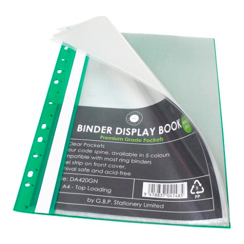 Green A4 binder display book with 20 clear top-loading pockets for organizing documents and a customizable label strip.
