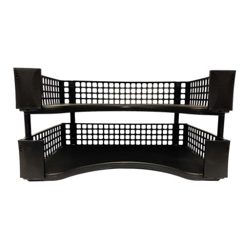 Black stackable document trays for A4 files, featuring durable polypropylene and snap hinges for easy assembly. Pack of 2.