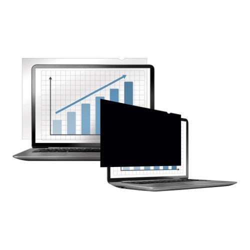 Fellowes PrivaScreen privacy filter for 15.6 inch screens, darkens side views, reduces glare, easy to attach.