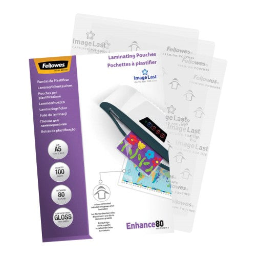 Fellowes A5 Laminating Pouches, Glossy, 80 Micron, Pack of 100 for preserving and enhancing documents and photos.