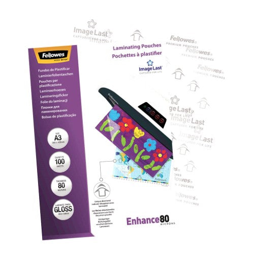 Fellowes A3 Gloss Laminating Pouches, 80 Micron, Pack of 100 for durable document protection and vibrant presentation.
