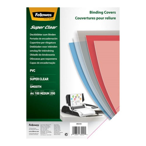 Fellowes A4 200mic clear binding covers pack of 100, designed to protect and enhance document presentation.
