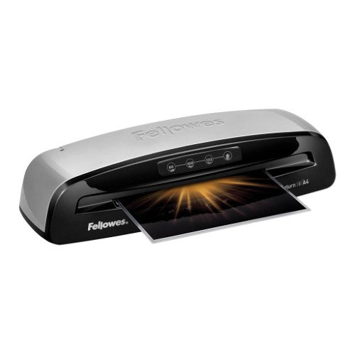 Fellowes Saturn 3i A4 Laminator: heats in 60 seconds, laminates up to A4, features auto shut-off and misfeed sensor.