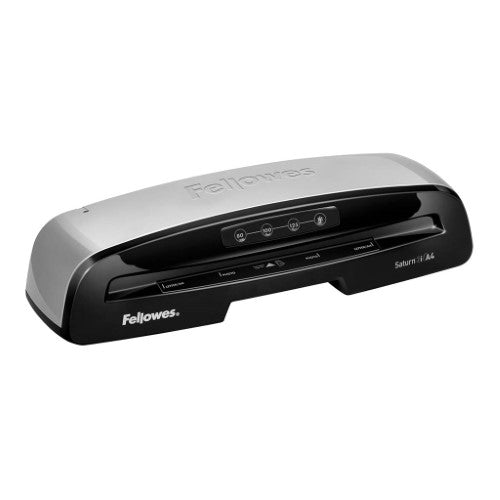 Fellowes Saturn 3i A4 Laminator, ready in 60 seconds, laminates A4 documents, features auto shut-off, and includes starter kit.